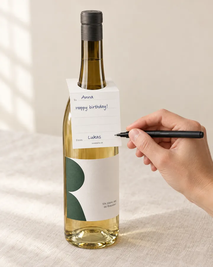 A hand writing a birthday note on the back of the tag